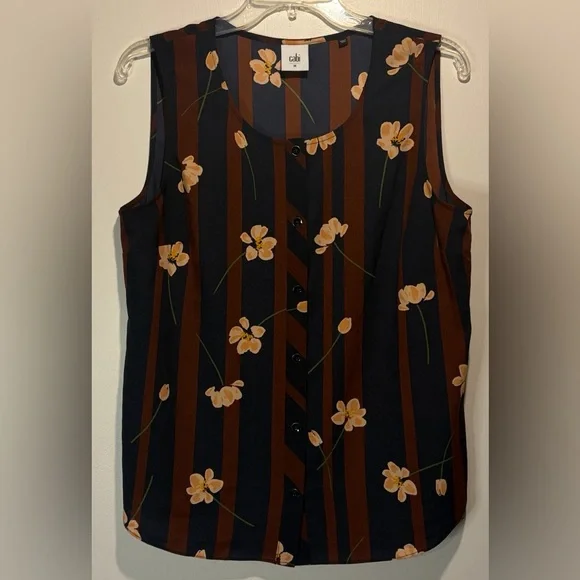 Cabi- BUNDLE! 2 Sleeveless Hi-Low Blouse Tops Floral Stripe + Gold Tie- Size M - Picture 2 of 9